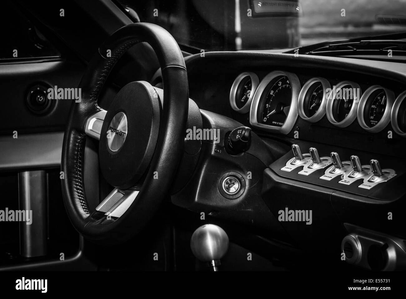 BERLIN, GERMANY - MAY 17, 2014: Cockpit of a modern sports car Ford GT. Black and white. 27th Oldtimer Day Berlin - Brandenburg Stock Photo