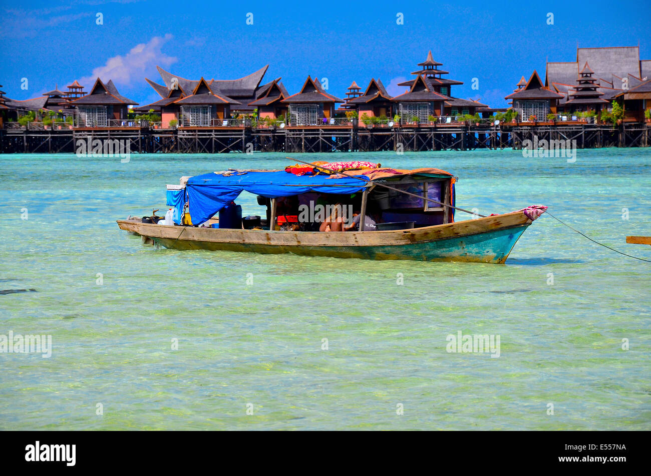 Bajau, sea nomads in traditional wooden boats, Celebes Sea, Malaysia, Stock Photo