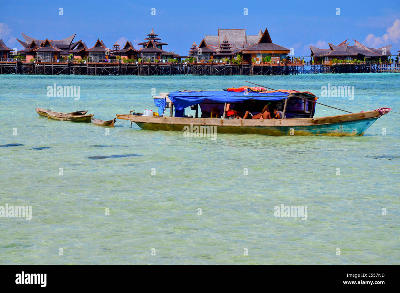 Bajau, sea nomads in traditional wooden boats, Celebes Sea, Malaysia, Stock Photo