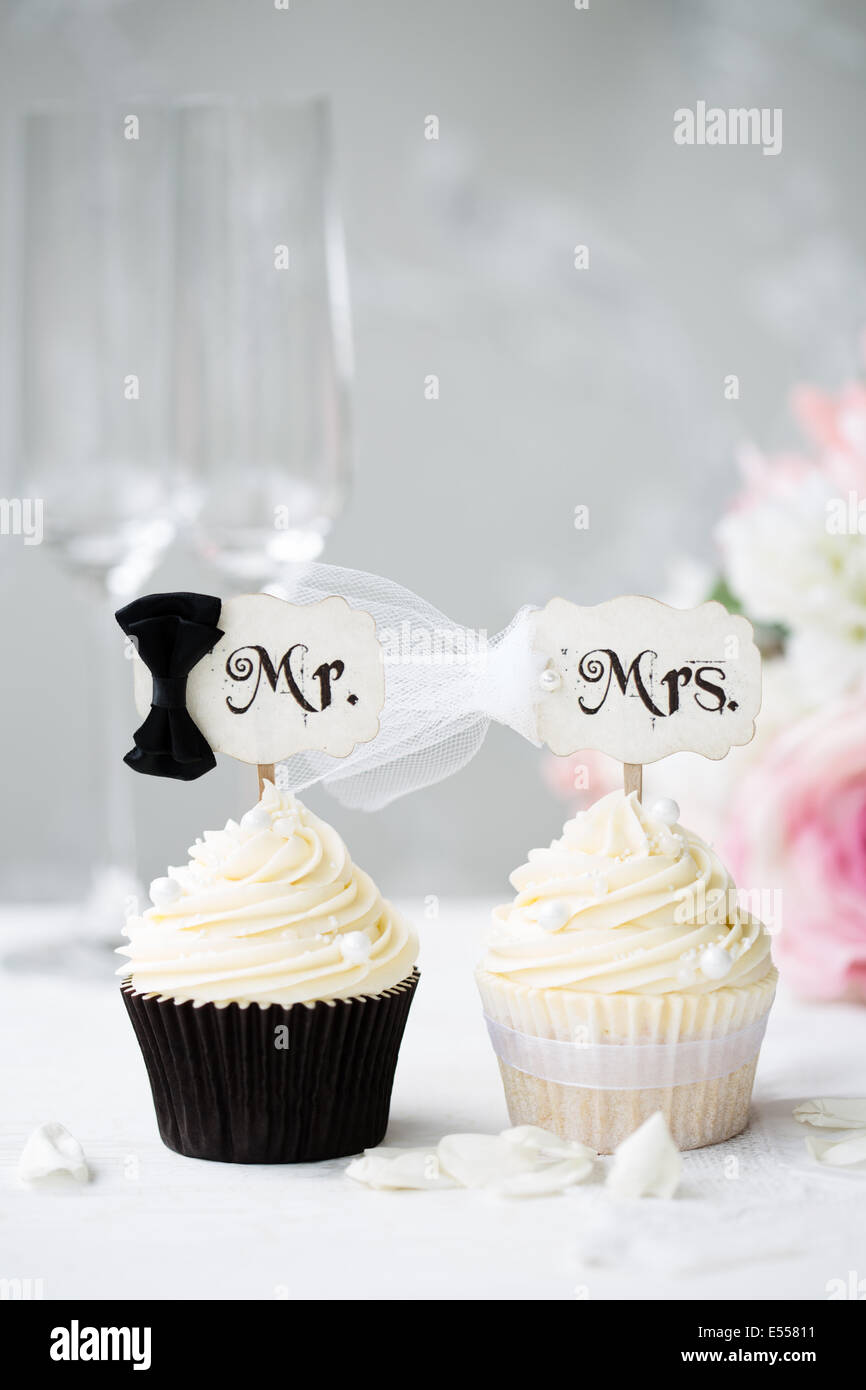 Bride and groom cupcakes for a wedding Stock Photo