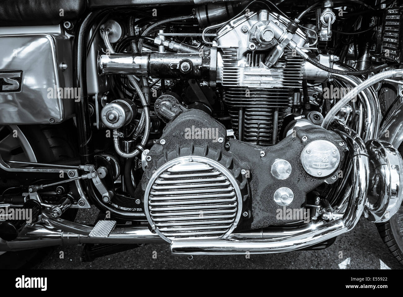 Engine of the motorcycle Munch Mammoth 1200 TTS. Black and white. 27th Oldtimer Day Berlin - Brandenburg Stock Photo