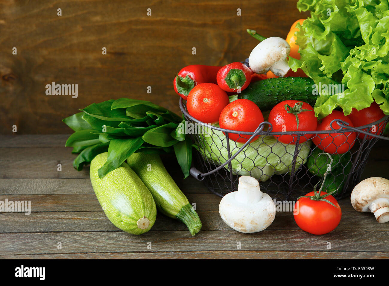 set of fresh vegetables in a basket, food closeup Stock Photo