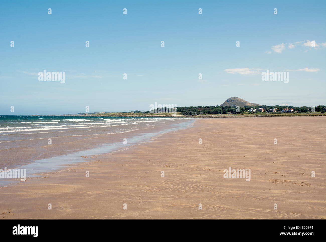 Yellowcraigs beach on a sunny summer's day, with North Berwick Law in the distance. Stock Photo