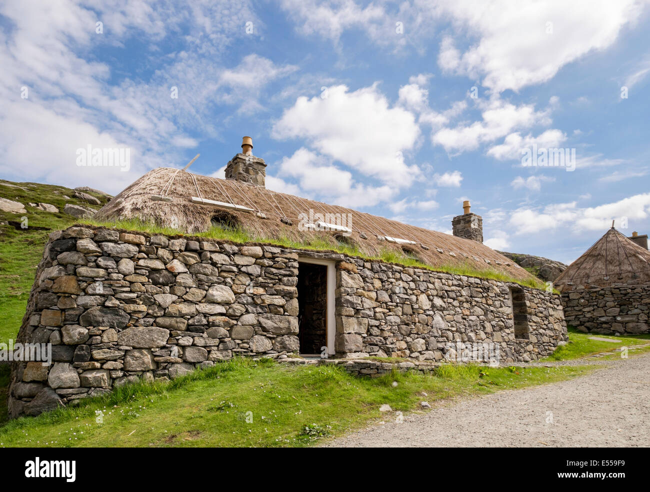 Restored old croft in Na Gearrannan Blackhouse Village. Garenin