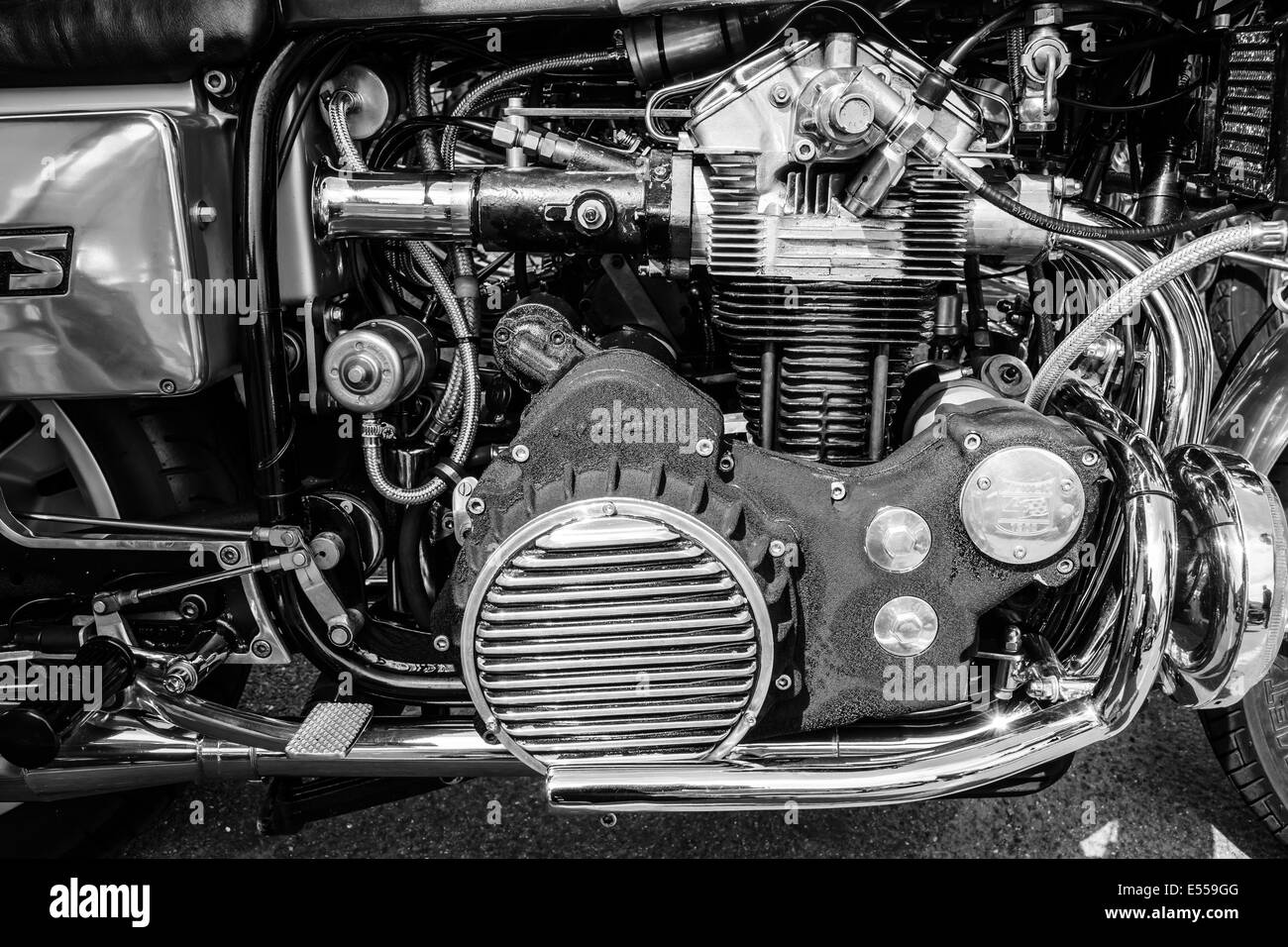 Engine of the motorcycle Munch Mammoth 1200 TTS. Black and white. 27th Oldtimer Day Berlin - Brandenburg Stock Photo
