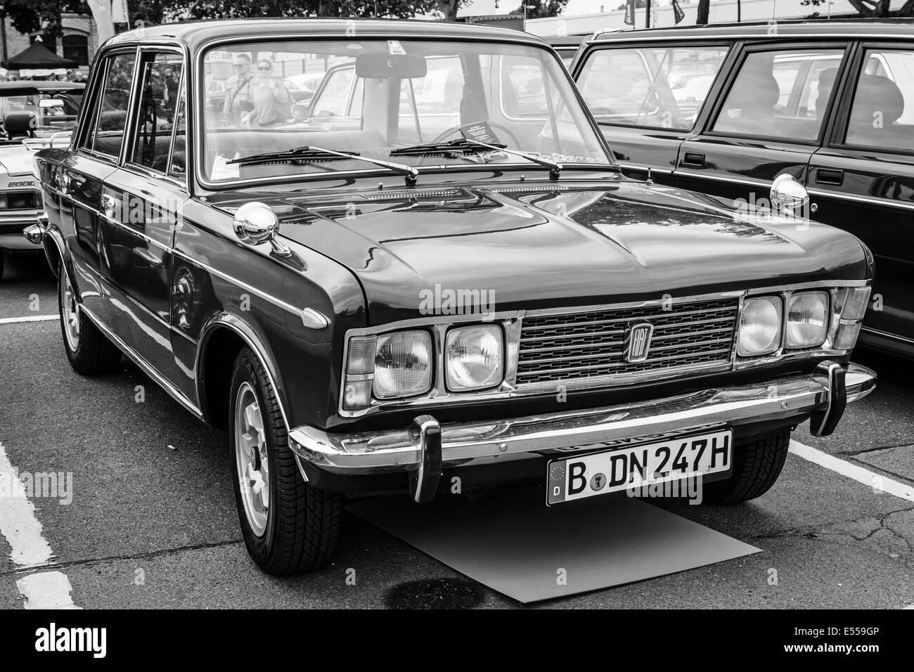 BERLIN, GERMANY - MAY 17, 2014: Large family car Fiat 125S, 1970. Black and white. 27th Oldtimer Day Berlin - Brandenburg Stock Photo