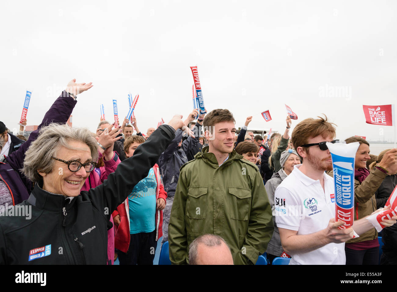 London, UK, 12/07/2014 : World's longest and toughest ocean endurance challenge ends in London.  This is the first time London has hosted both the start and finish of a global yacht race. Feelings Ran High on spectator boats and freidns and families welcomed loved ones home. Picture by Julie Edwards Stock Photo