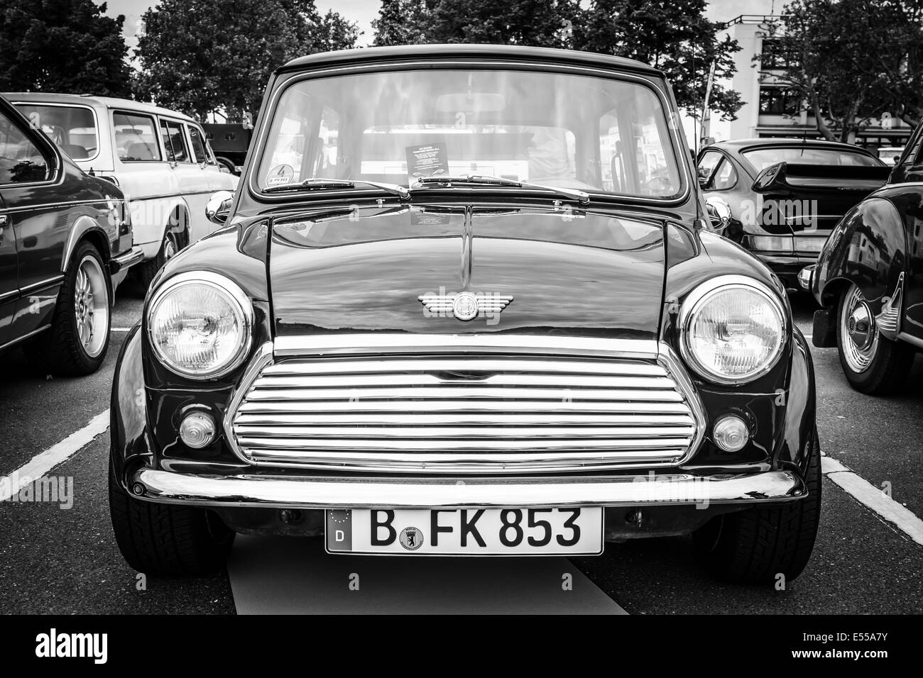 BERLIN, GERMANY - MAY 17, 2014: Small economy car Austin Mini Cooper. Black and white. 27th Oldtimer Day Berlin - Brandenburg Stock Photo