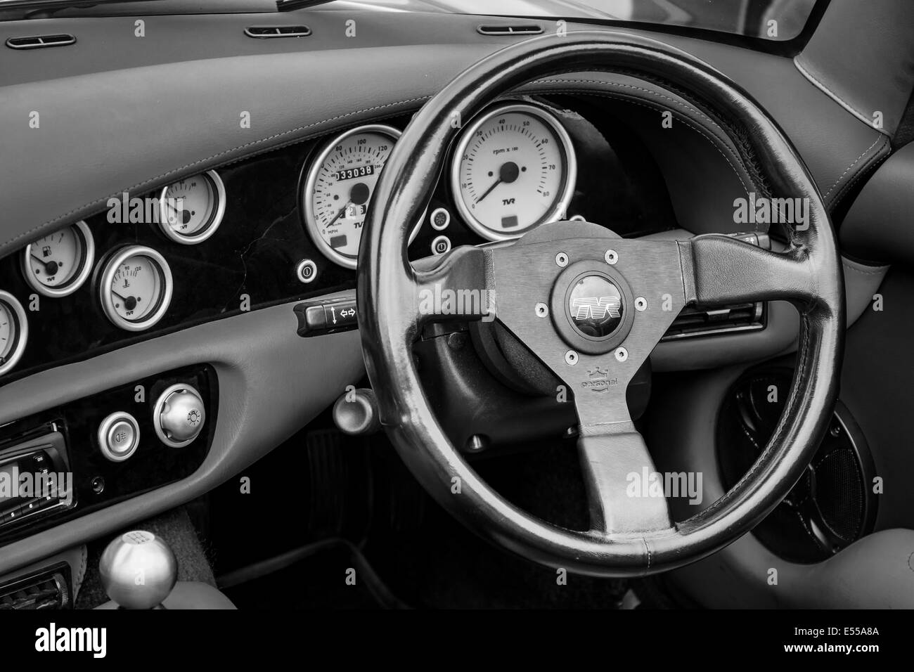 Cab of a two-seater convertible sports car TVR Chimaera 450. Black and white. 27th Oldtimer Day Berlin - Brandenburg Stock Photo