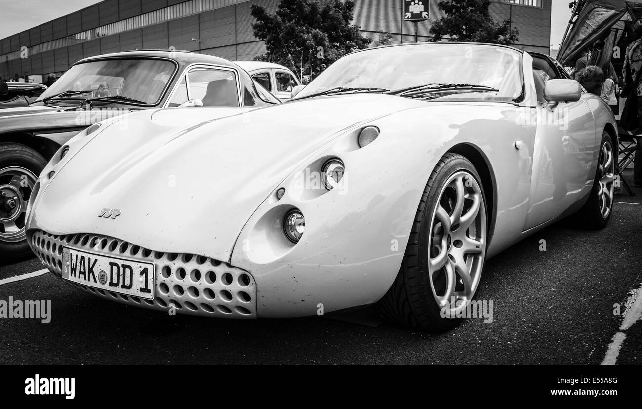 BERLIN, GERMANY - MAY 17, 2014: Sports car TVR Tuscan Speed 6. Black and white. 27th Oldtimer Day Berlin - Brandenburg Stock Photo