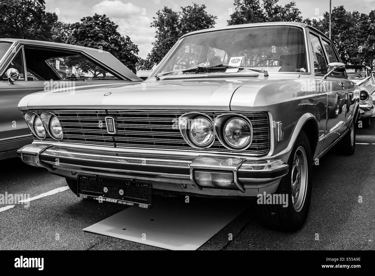 BERLIN, GERMANY - MAY 17, 2014: Large executive car Fiat 130. Black and white. 27th Oldtimer Day Berlin - Brandenburg Stock Photo