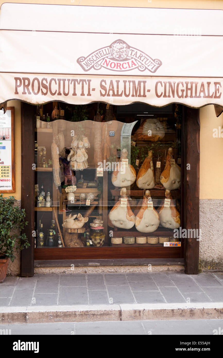 Salami shop front, Norcia, Umbria, Italy Stock Photo Alamy