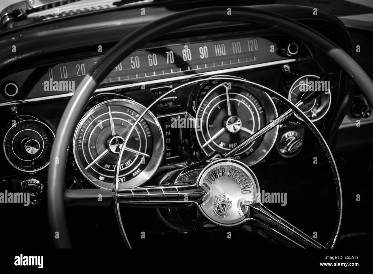 Dashboard of the Buick LeSabre (First generation). Black and white