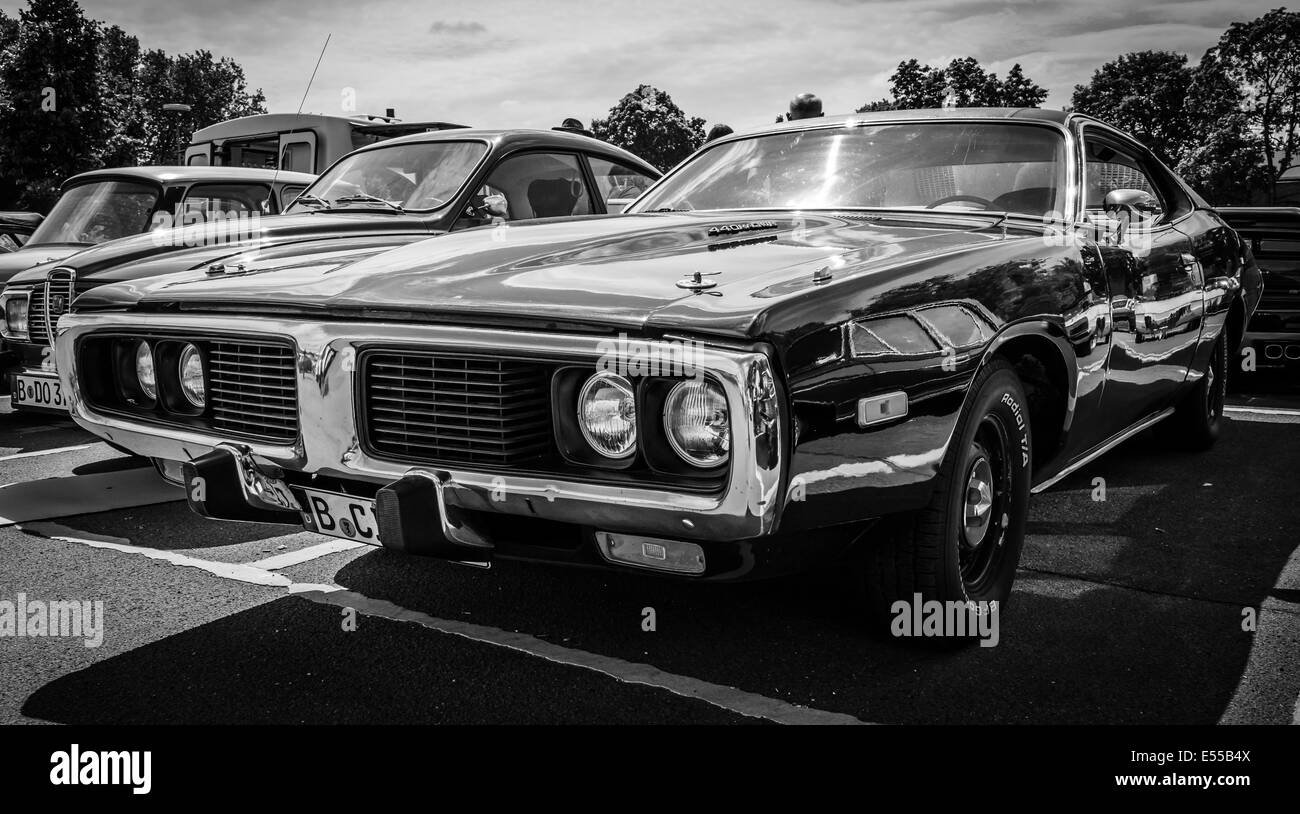 Mid-size car Dodge Charger (Third generation) with engine 440 Magnum. Black and white. 27th Oldtimer Day Berlin - Brandenburg Stock Photo