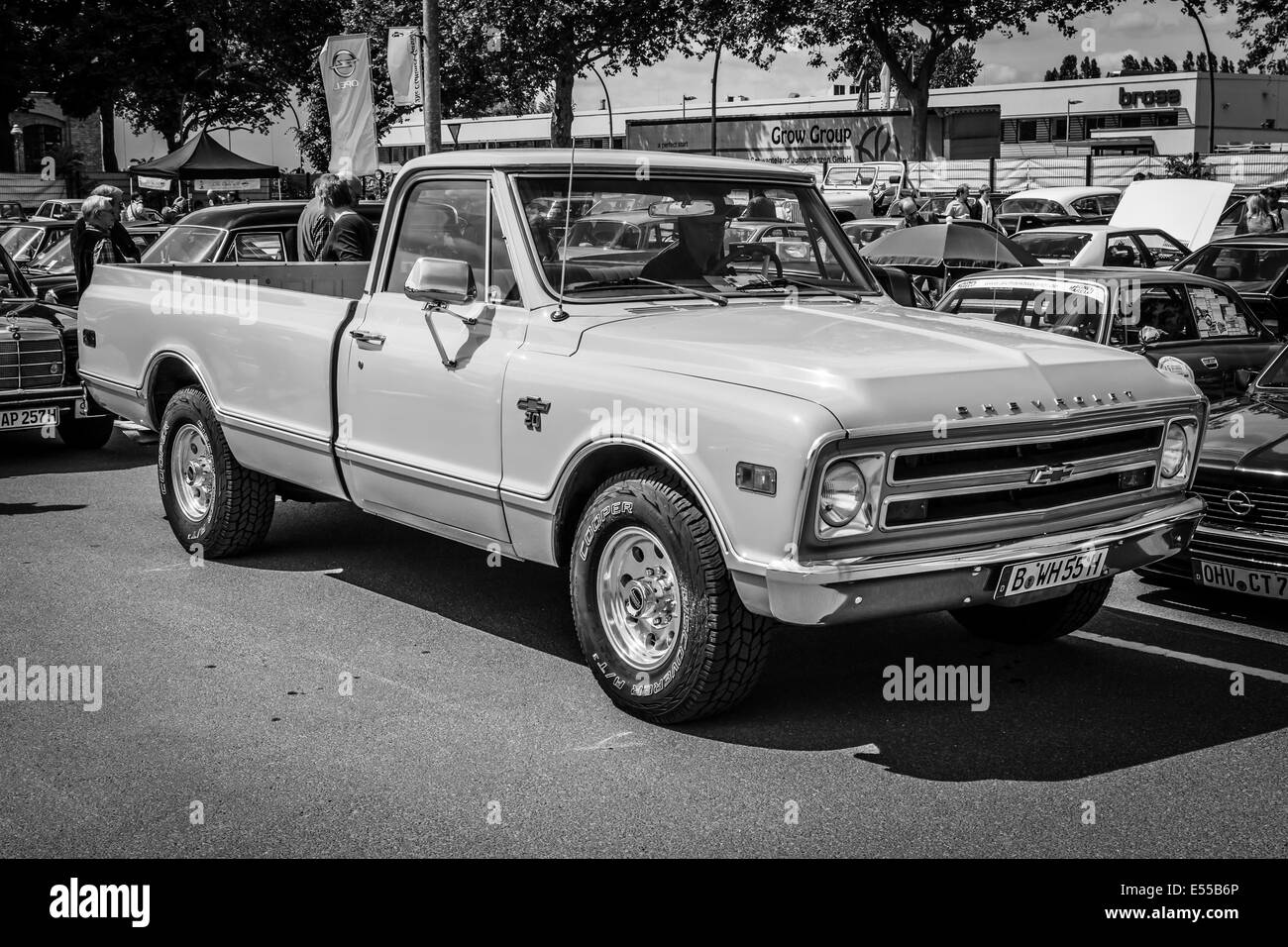 BERLIN, GERMANY - MAY 17, 2014: Full-size pickup truck Chevrolet C20. Black and white. 27th Oldtimer Day Berlin - Brandenburg Stock Photo
