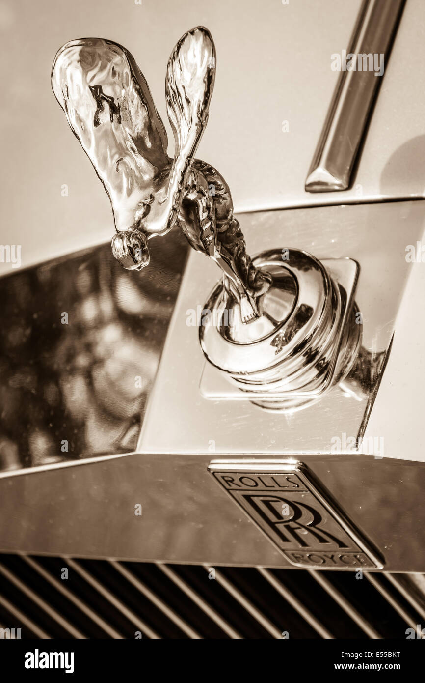 The famous emblem 'Spirit of Ecstasy' on the Rolls-Royce Silver Spirit. Sepia. 27th Oldtimer Day Berlin - Brandenburg Stock Photo