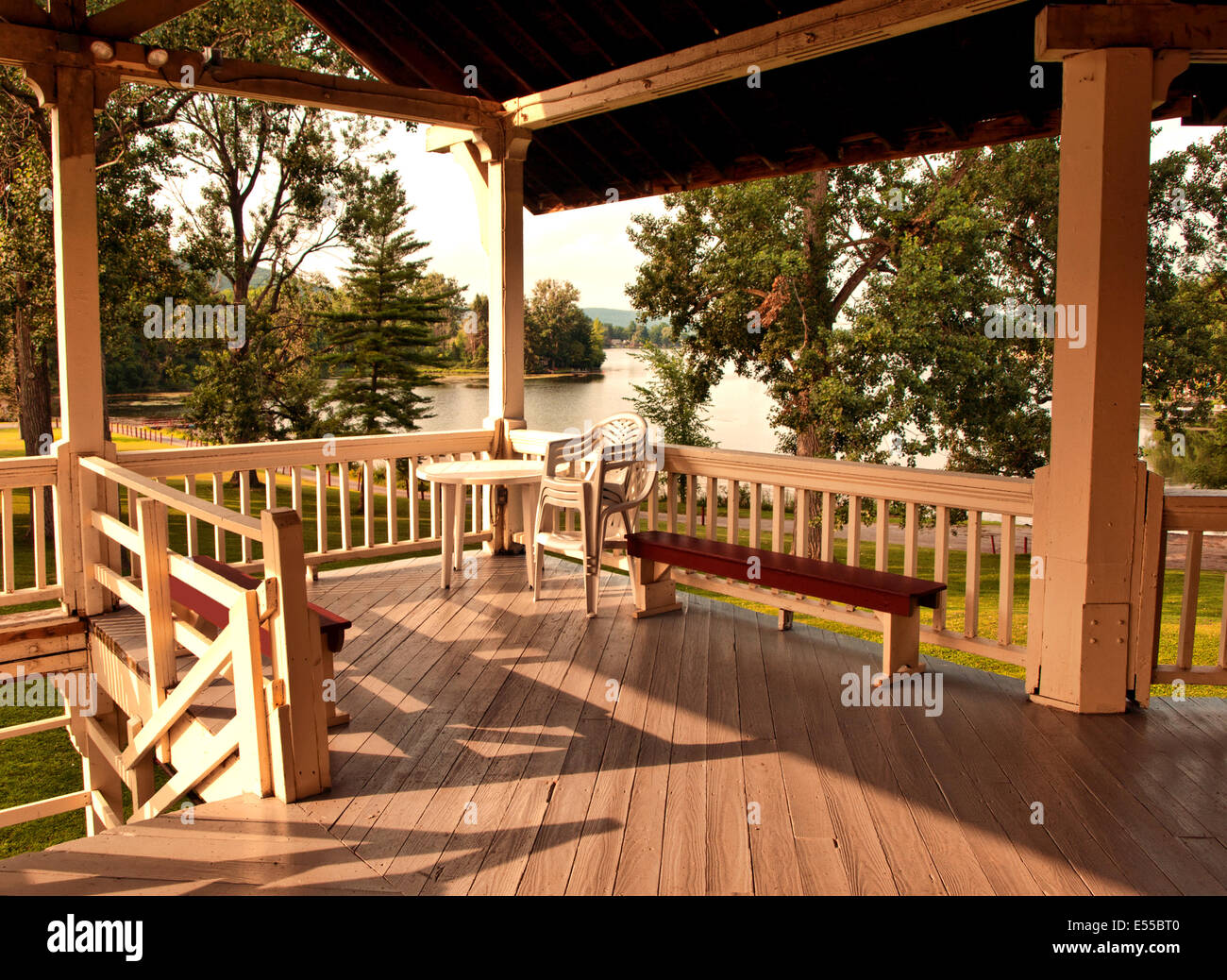 porch by a lake at sundown Stock Photo