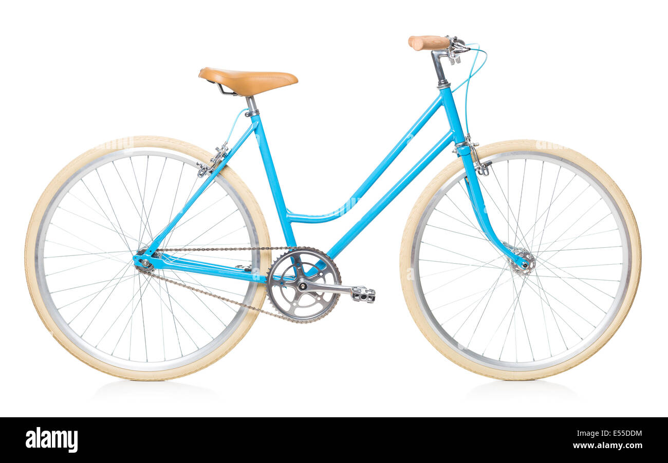 Stylish womens blue bicycle isolated on white background Stock Photo