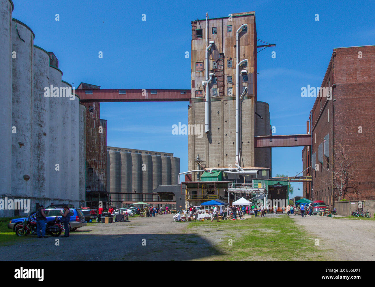 Flea Market at historic abandoned grain elevators on the waterfront in Buffalo, New York now know as Silo City. Stock Photo