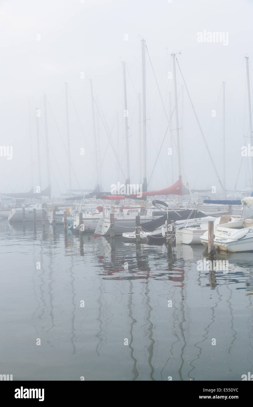 Fog over harbor and marina on Seneca Lake in Watkins Glen New York in the Finger Lakes region of New York Stock Photo