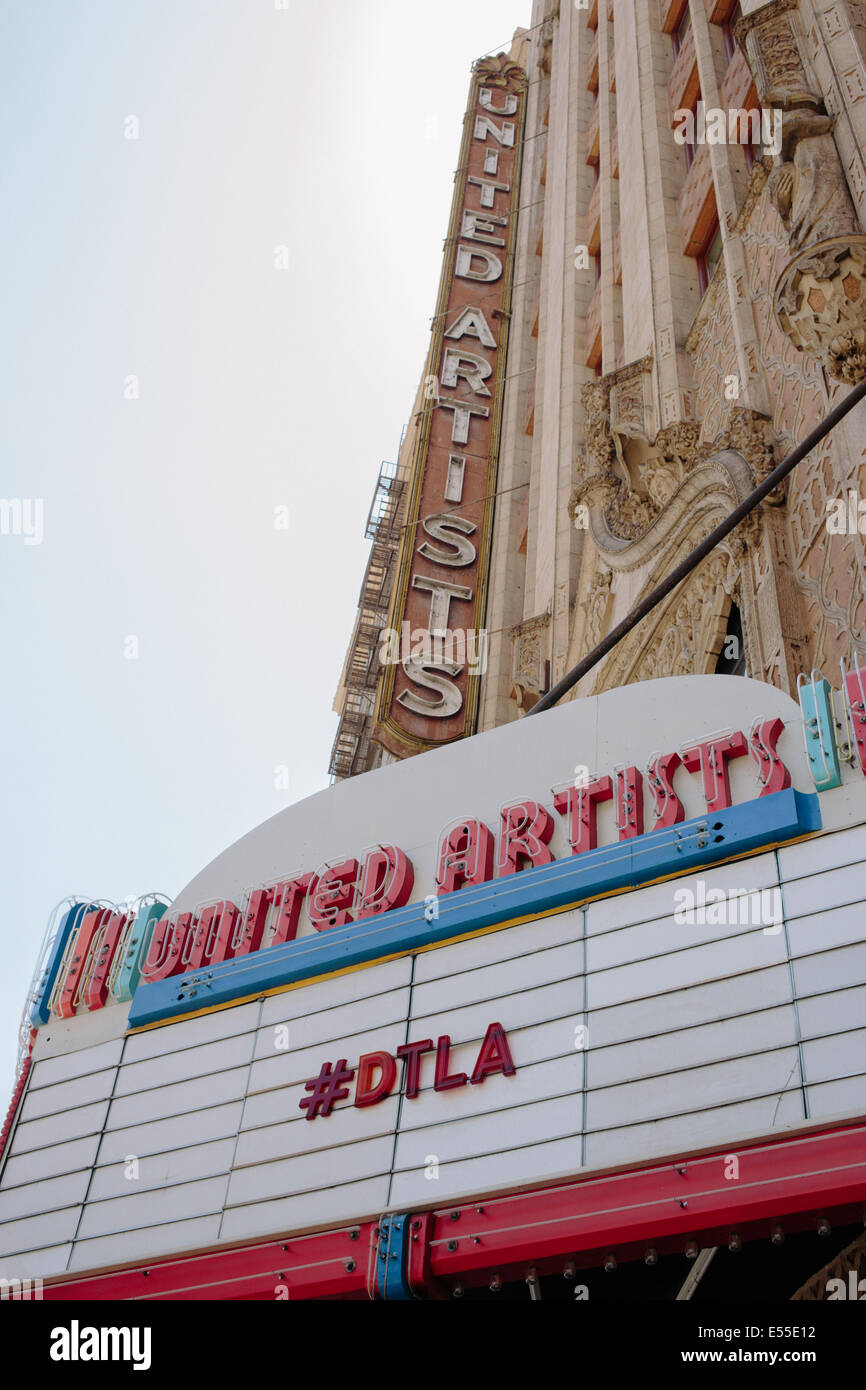 Low angle shot of United Artists Theater in downtown Los Angeles with hashtag DTLA. Stock Photo