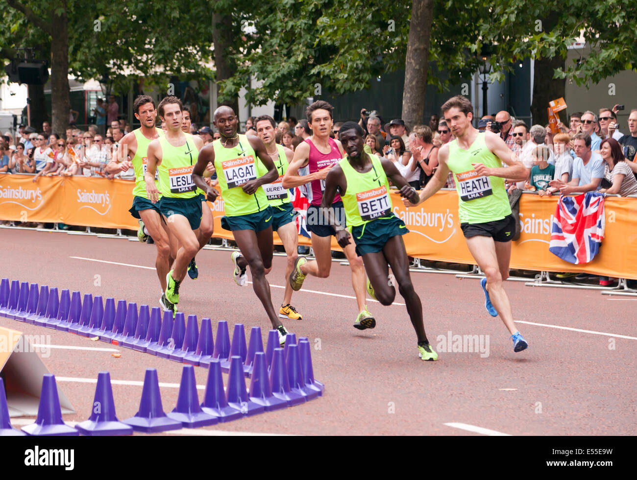 Competitors in the Men's two mile final, rounding the hairpin, at the end of the Mall, at the Sainsbury's Anniversary Games.  20th June 2014. Bernard Laget (USA), went on to win the race in a time of 8min.27s. Stock Photo