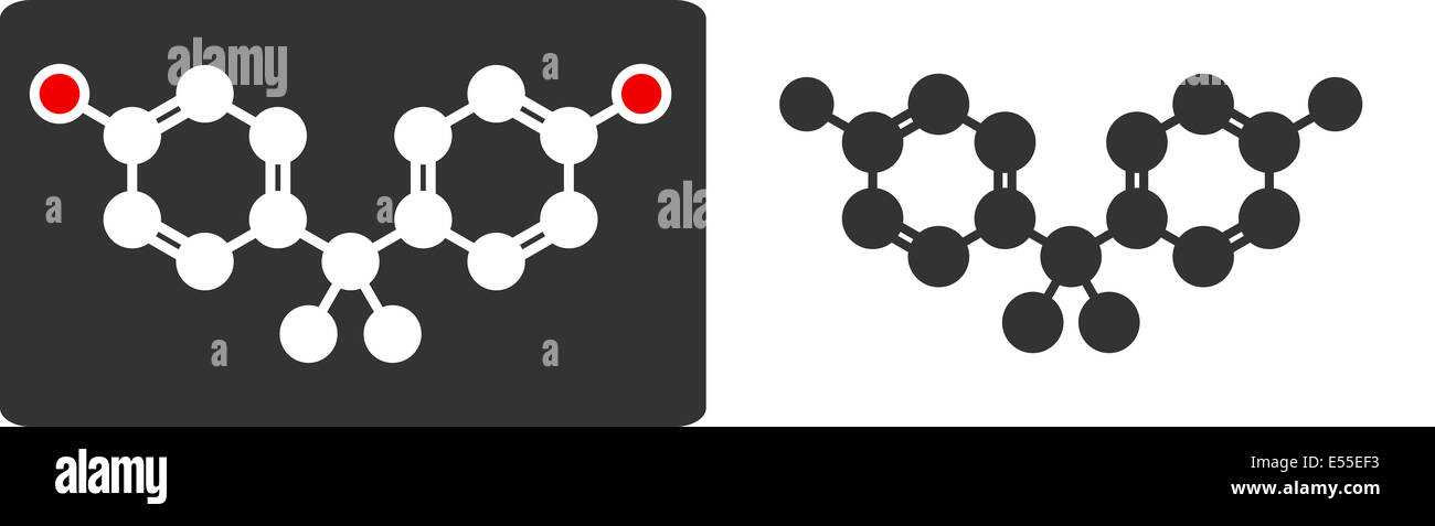 Bisphenol A (BPA) plastic pollutant molecule, flat icon style. Atoms shown as color-coded circles (oxygen - red, carbon - white/ Stock Photo