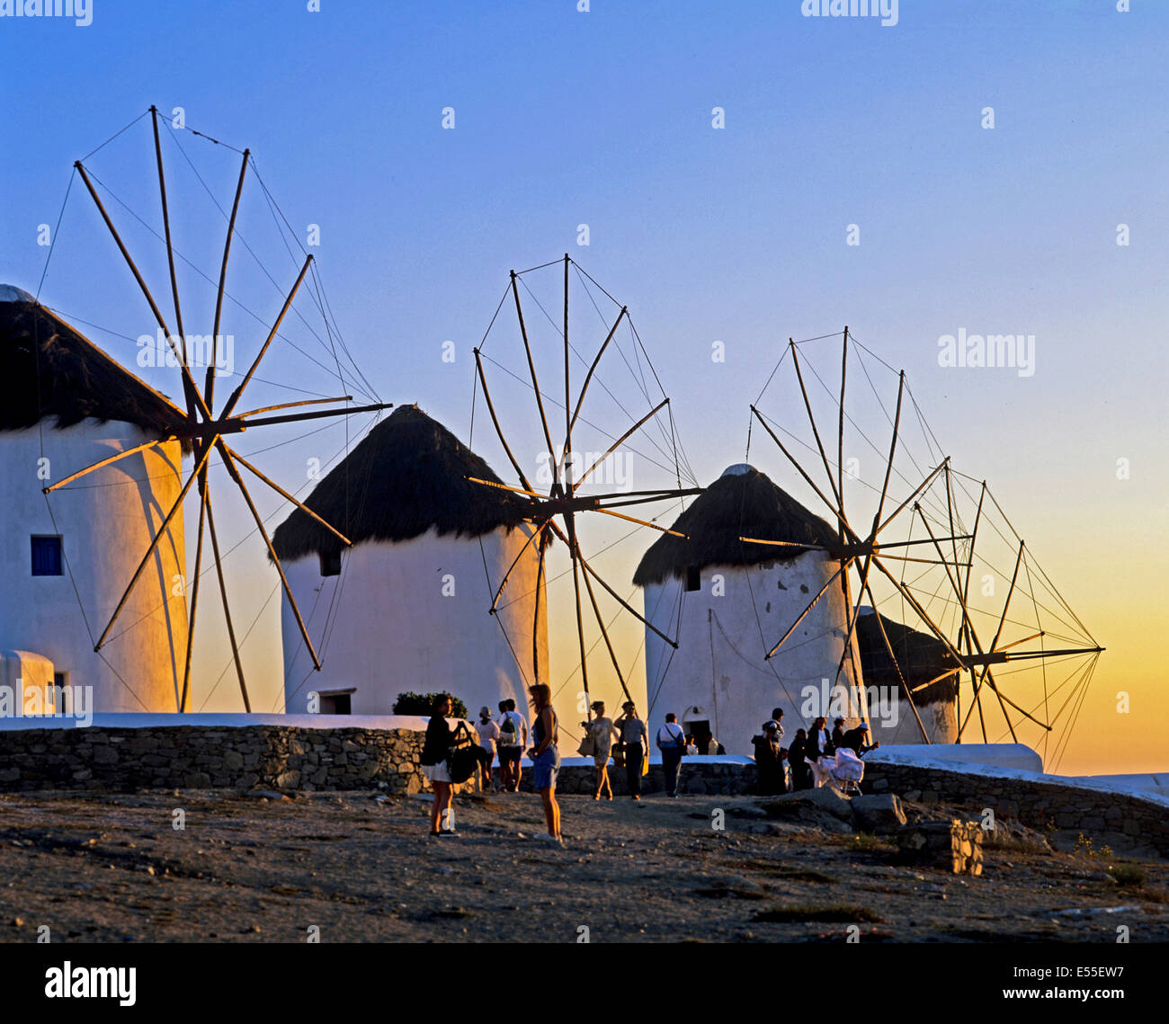 The Windmills of Mykonos Island at sunset, Cyclades Islands, Greece Stock Photo
