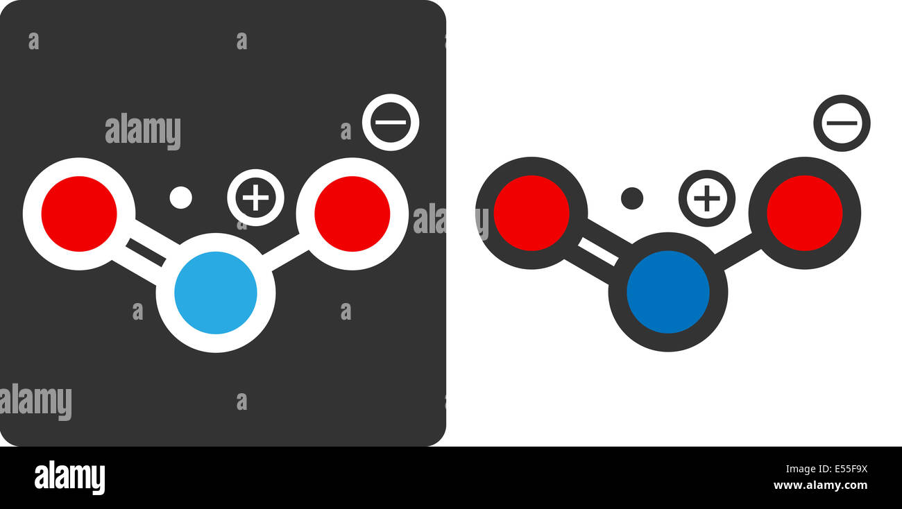 Nitrogen dioxide (NO2, NOx) toxic gas and air pollutant, flat icon style. Atoms shown as color-coded circles (oxygen - red, nitr Stock Photo