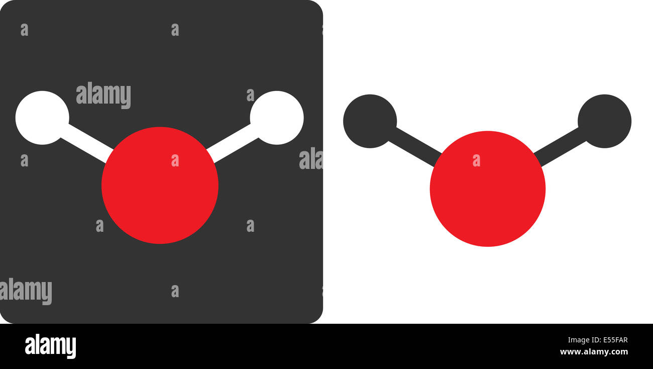 Water (H2O) molecule, flat icon style. Atoms shown as color-coded circles (oxygen - red, hydrogen - white/grey). Stock Photo