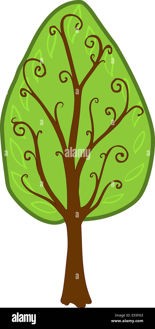 Illustration of a cartoon tree with brown trunk. Isolated Stock Photo
