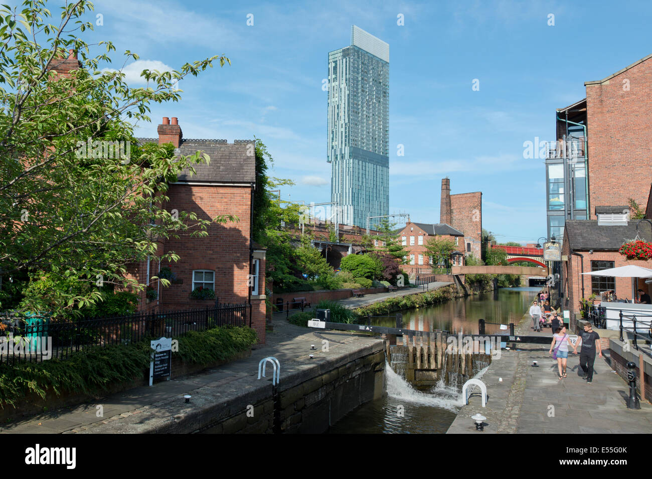 The Castlefield historic inner city canal area including Dukes 92 and lock and Beetham Tower (background) in Manchester UK Stock Photo