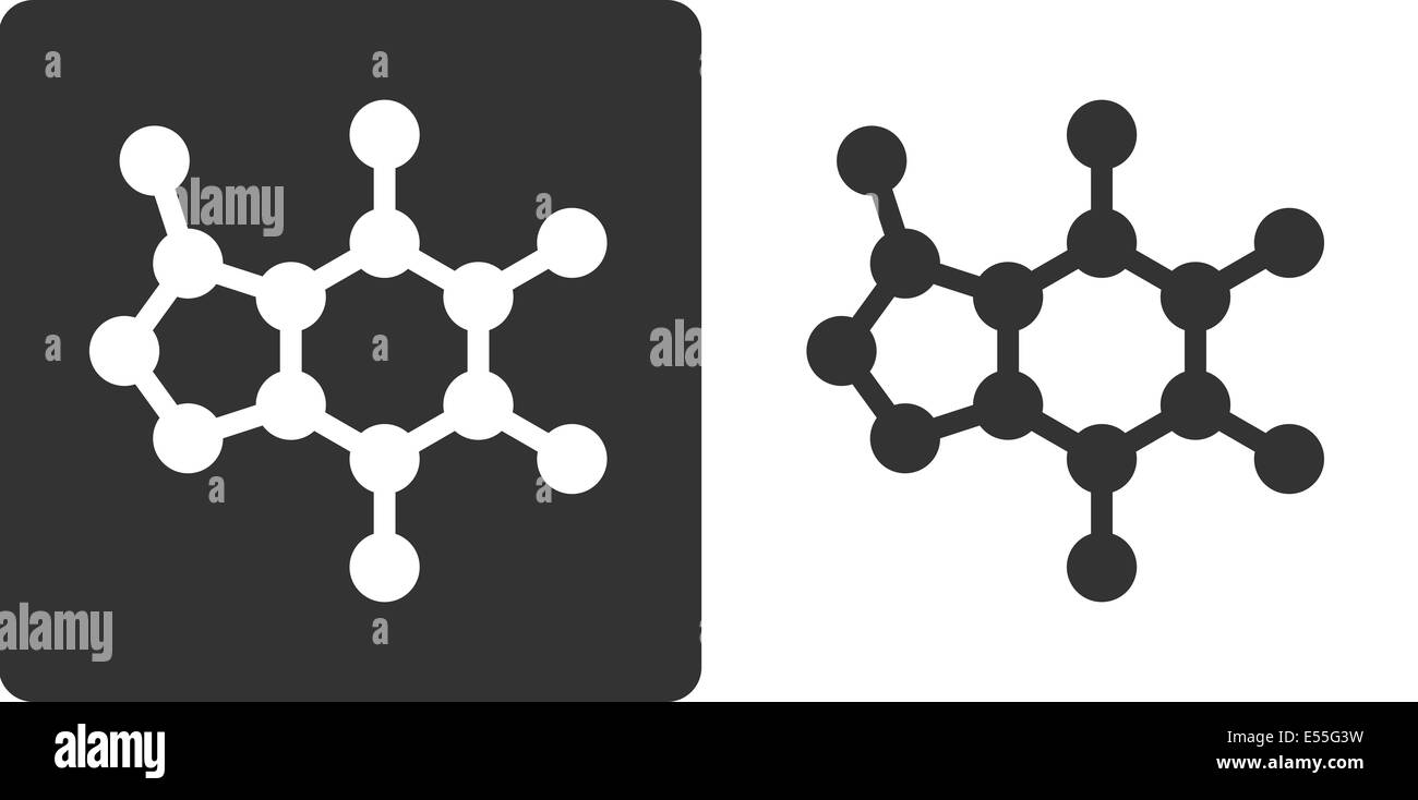 Caffeine molecule, flat icon style. Stylized rendering. Carbon, oxygen ...