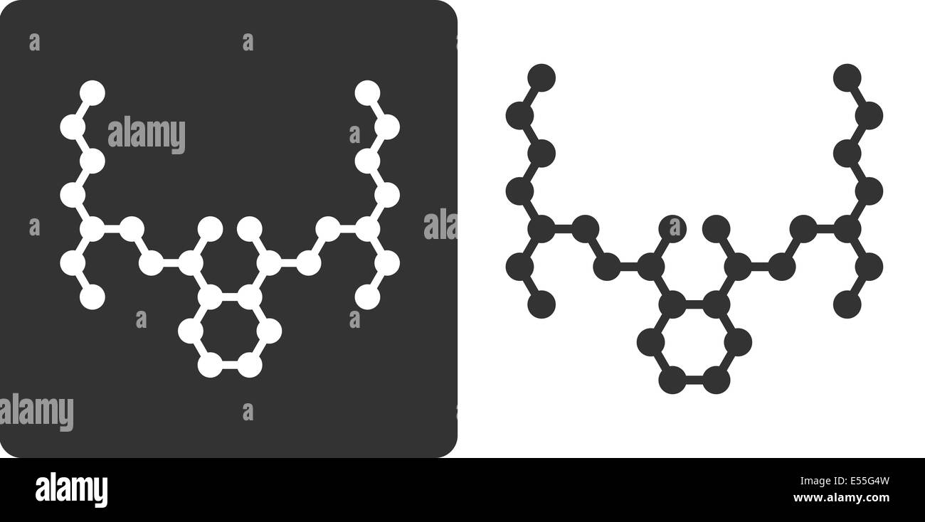 DEHP phthalate plasticizer molecule, flat icon style. Carbon and oxygen atoms shown as circles, hydrogen atoms omitted. Stock Photo