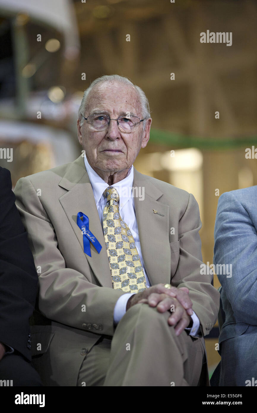 Apollo astronaut Jim Lovell during a ceremony renaming the Operations Building for fellow astronaut Neil Armstrong July 21, 2014 in Cape Canaveral, Florida. The ceremony was part of NASA's 45th anniversary celebration of the Apollo 11 moon landing. Stock Photo