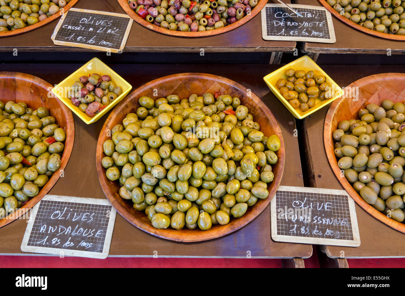 A selection of green olives for sale on a stall at the Saturday Market
