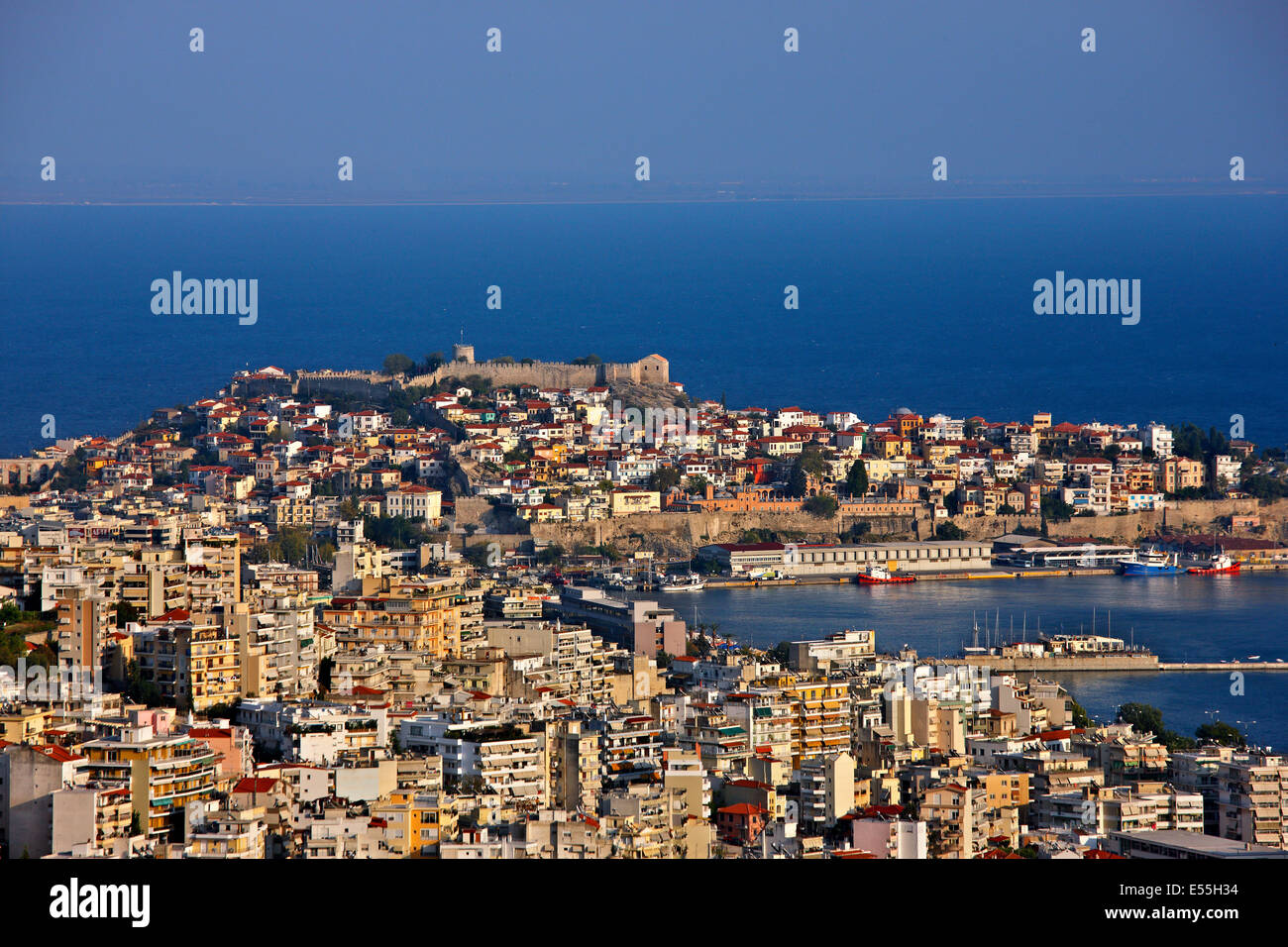 Panoramic view of Kavala city, Macedonia, Greece. You can see its port and the castle above the old part of the city. Stock Photo