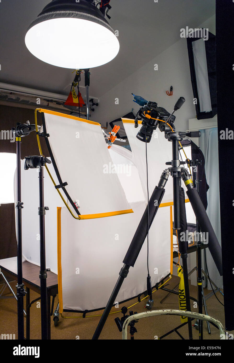 Commercial photography studio, including lighting, background and grip gear. Stock Photo