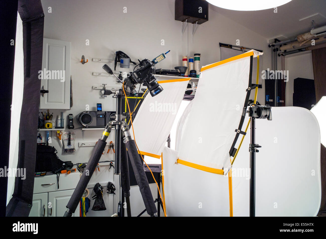 Commercial photography studio, including lighting, background and grip gear. Stock Photo