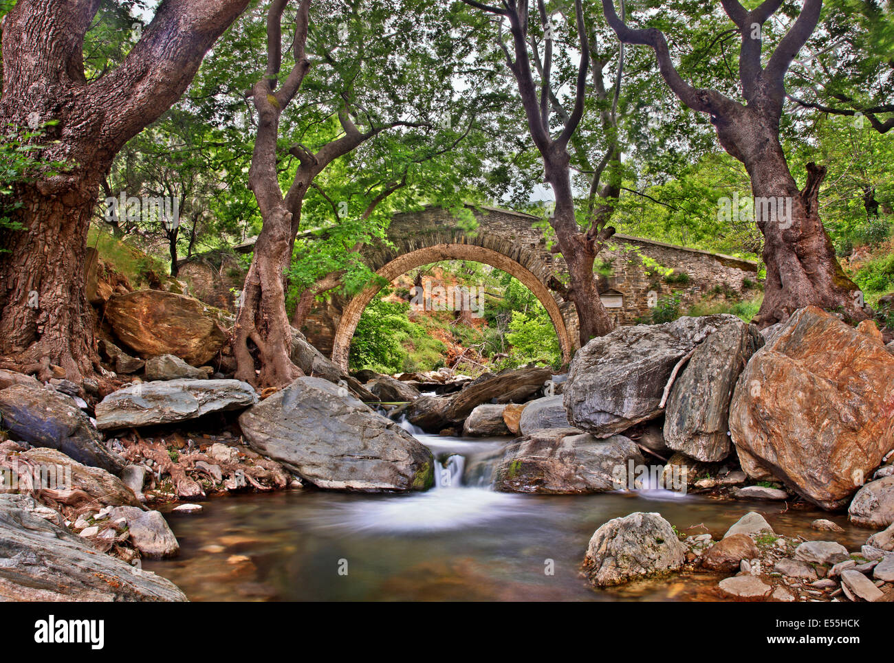 The old stone arched bridge right below Platanistos village, Evia ('Evoia') island, Central Greece. The locals call it 'Artino'. Stock Photo