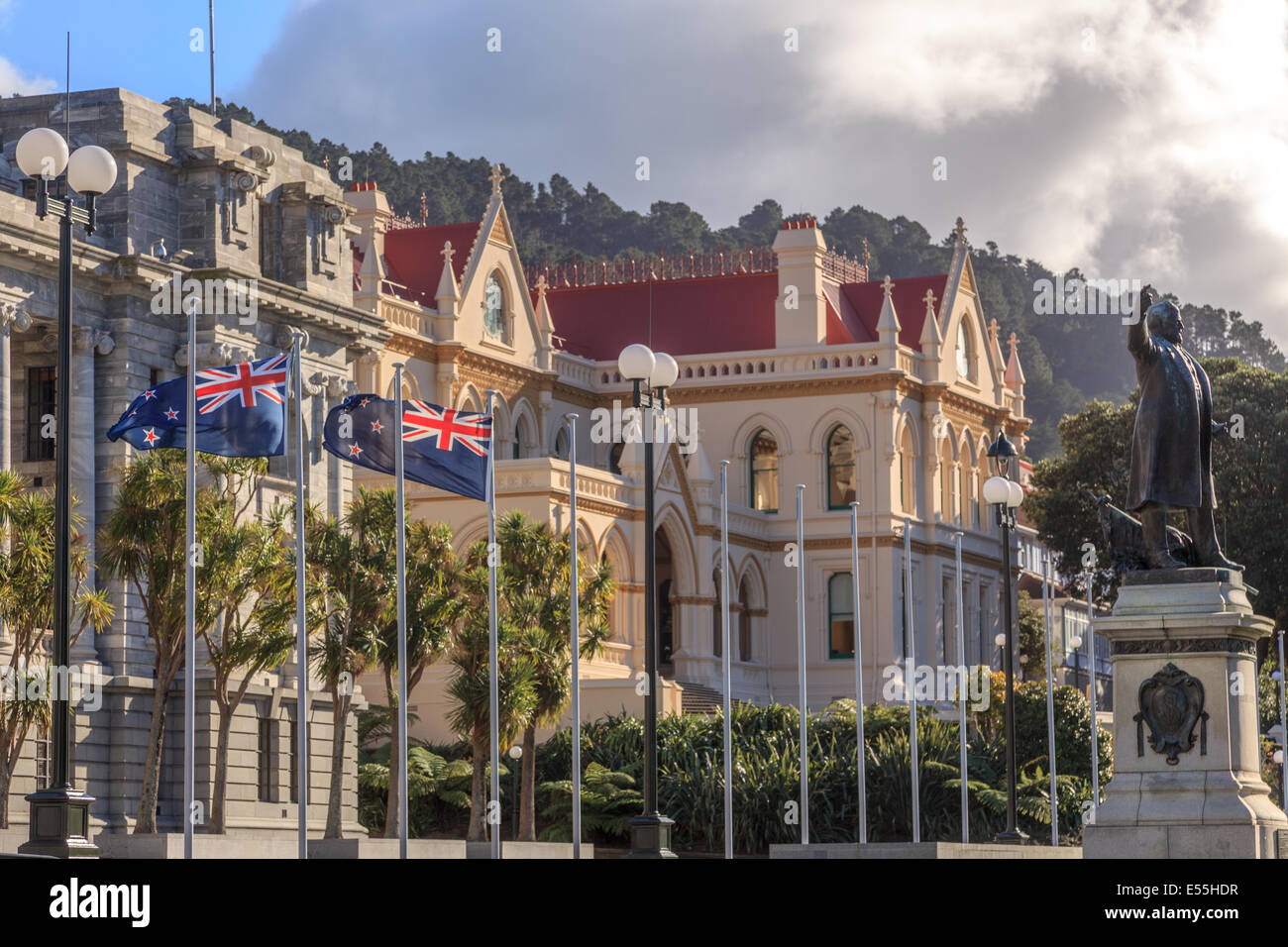Parliament House,  Parliamentary Library and Richard John Seddon statue,Wellington,North Island,New Zealand,Oceania Stock Photo