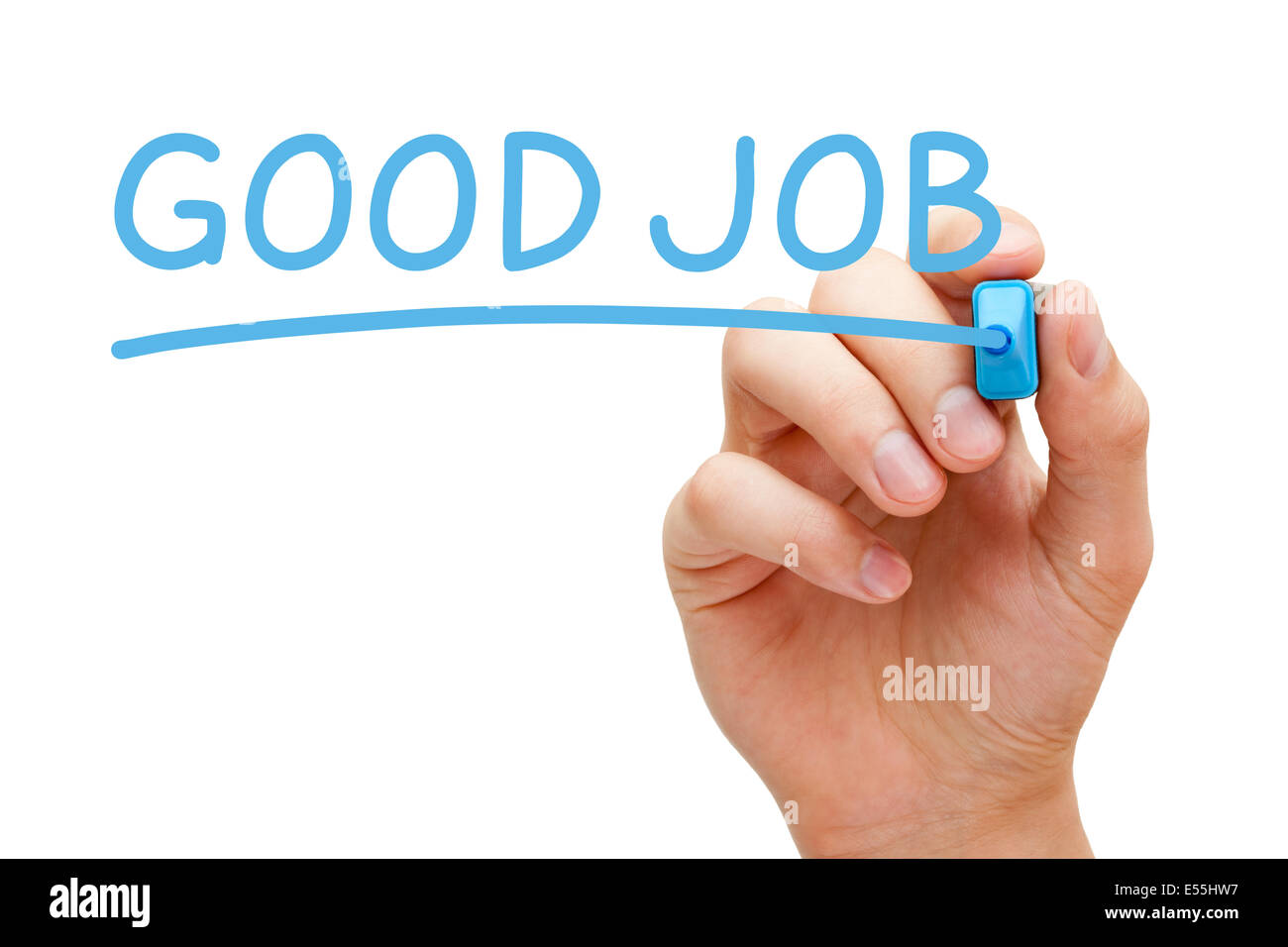 Hand writing Good Job with blue marker on transparent wipe board. Stock Photo