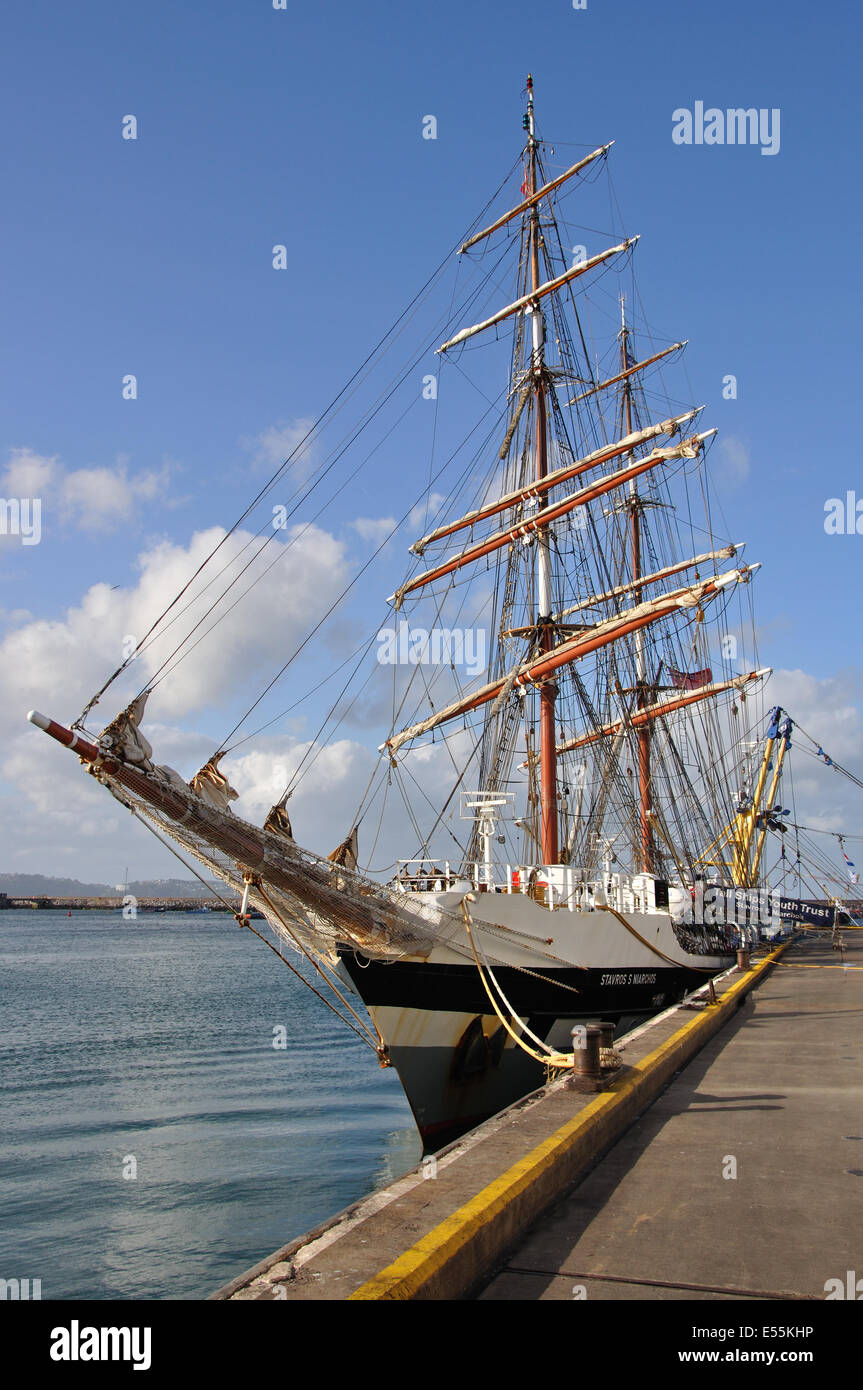 Stavros S Niarchos, a British brig-rigged tall ship owned by the Tall Ships Youth Trust, moored Brixham, Devon, England, UK Stock Photo
