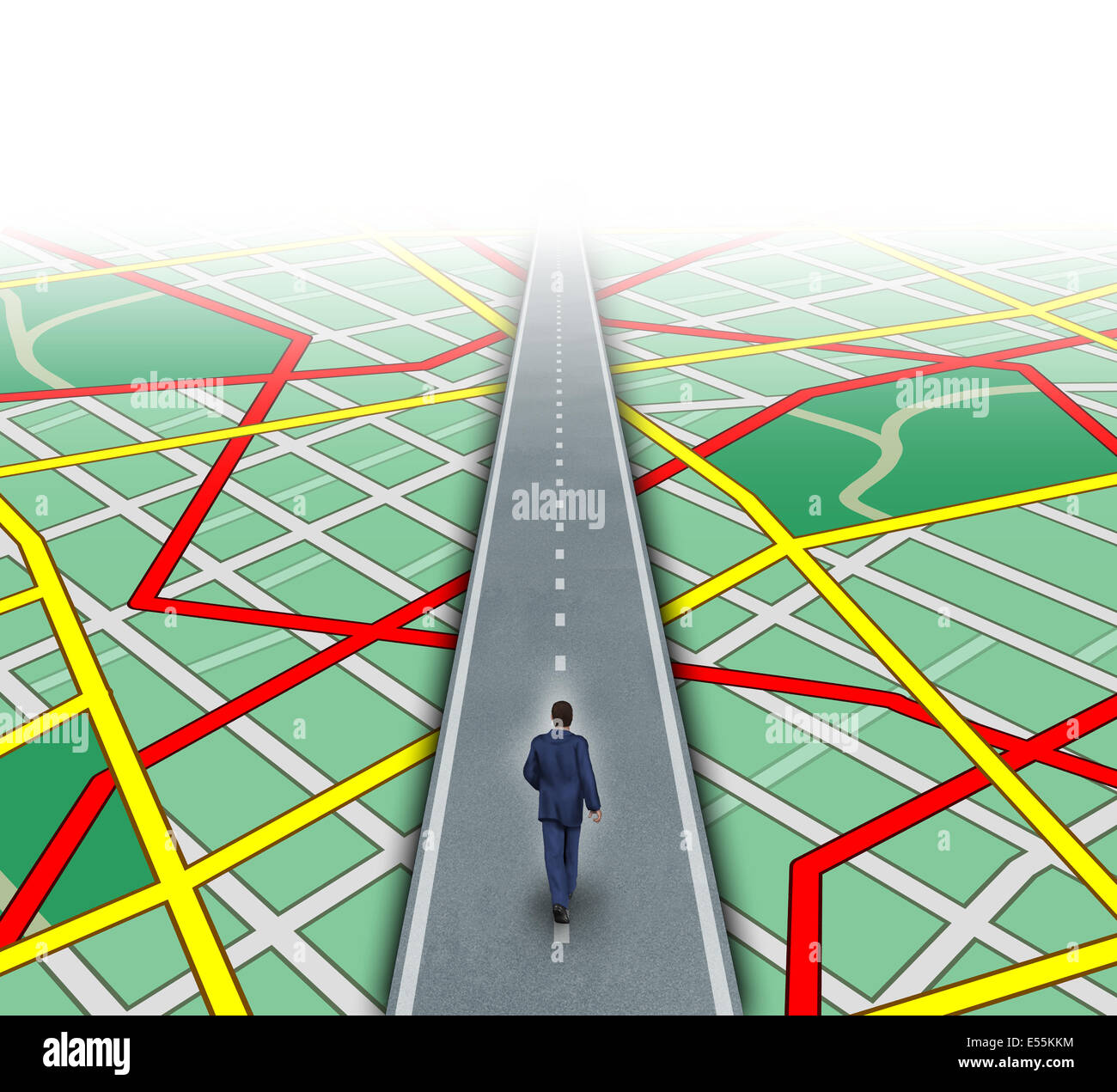 Alternate route and leadership solutions with a businessman walking through a complicated road map as a business focus concept of innovative thinking for financial success. Stock Photo