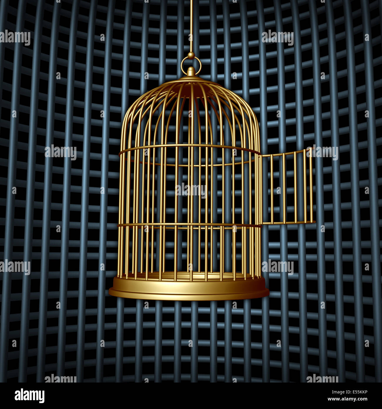 False freedom and limited liberty concept as an open bird cage inside a larger cage or prison as a conspiracy concept for human Stock Photo