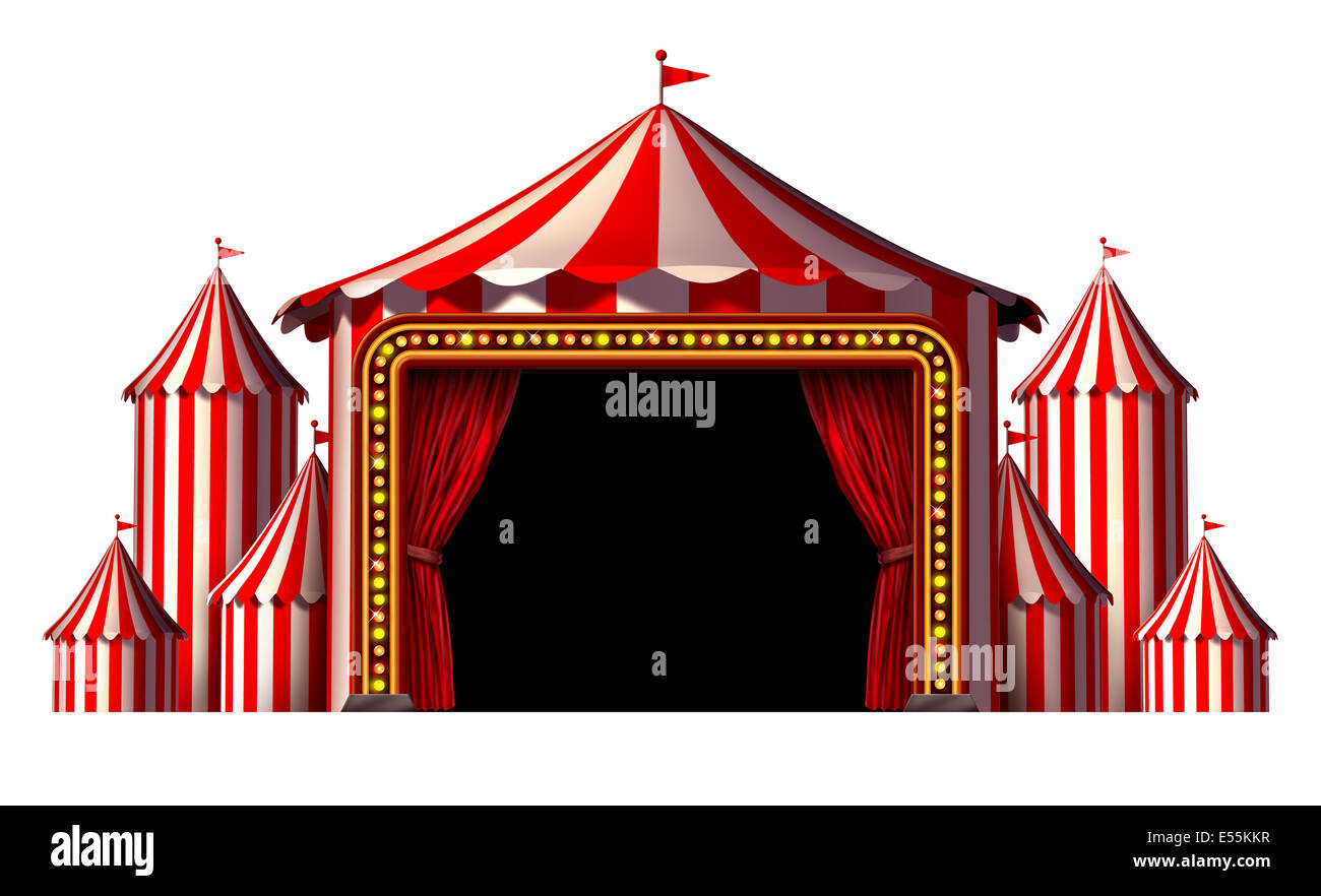 Circus stage tent design element as a group of big top carnival tents with a red curtain opening entrance as a fun entertainment icon for a theatrical celebration or party festival isolated on a white background. Stock Photo
