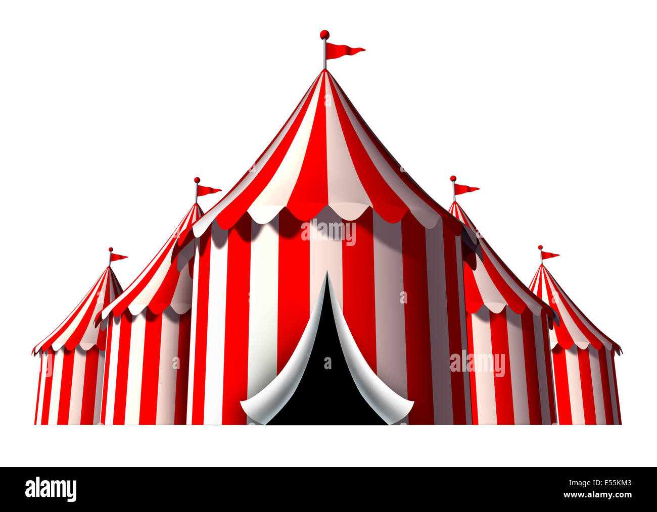 Circus tent design element as a group of big top carnival tents with an opening entrance as a fun entertainment icon for a theatrical celebration or party festival isolated on a white background. Stock Photo