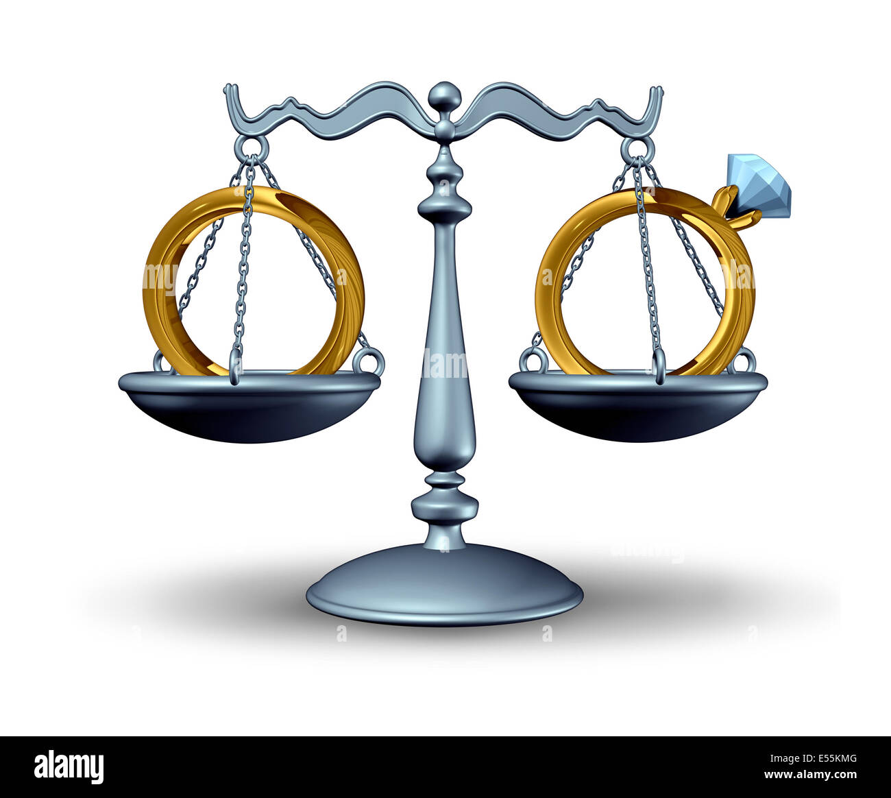 Prenuptial agreement and divorce law concept as a justice scale with wedding rings as a symbol of a relationship contract before a marriage or civil union or getting divorced. Stock Photo