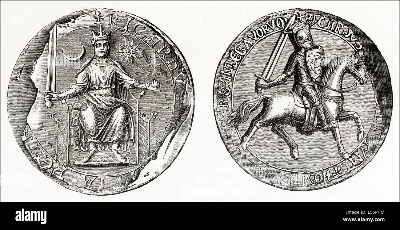 Great Seal of Richard I King of England in the 12th century. Victorian woodcut engraving circa 1845. Stock Photo