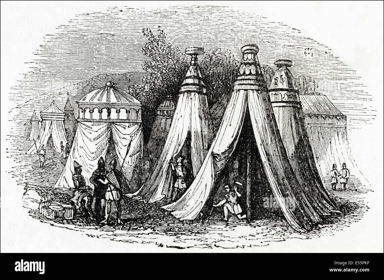 Knights encampment in the 12th century. Victorian woodcut engraving circa 1845. Stock Photo
